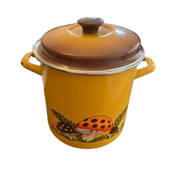 Vintage Sears Merry Mushroom Yellow Stock Pot Enamel w/ Lid 1970 Retro MCM - Picture 9 of 10